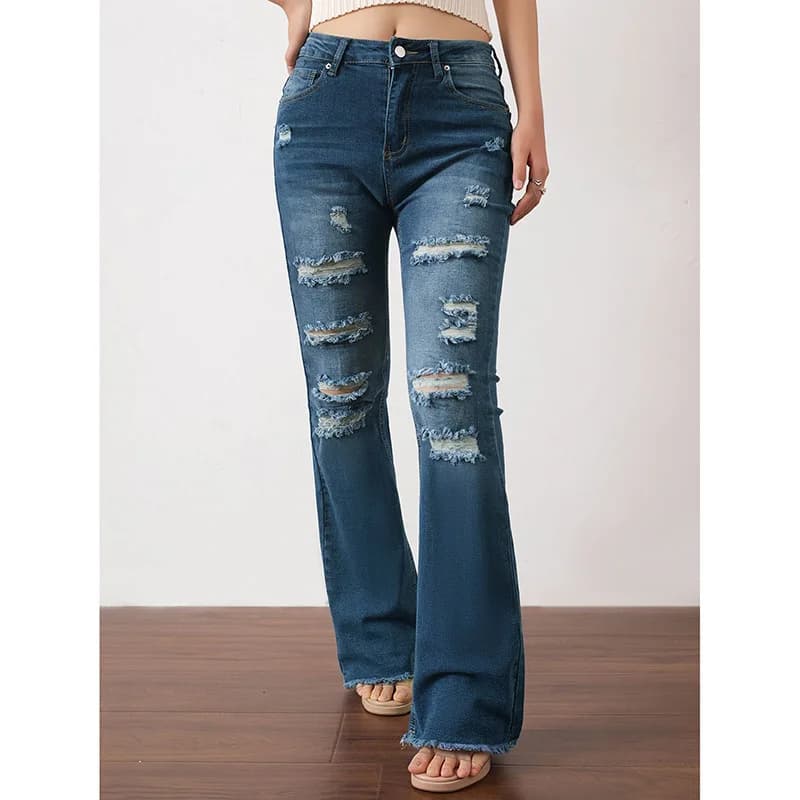 Girls Stretch High Waist Jeans Women Fashion Slim Fit Ripped Trousers Female Casual Versatile Blue Flared Denim Pants