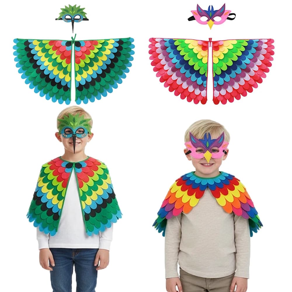 Mantello di pavone animale Mantello di uccello fenice Maschera alare Set da 2 pezzi Ragazzi e ragazze Regali di Natale e Halloween Mantello per costume di carnevale
