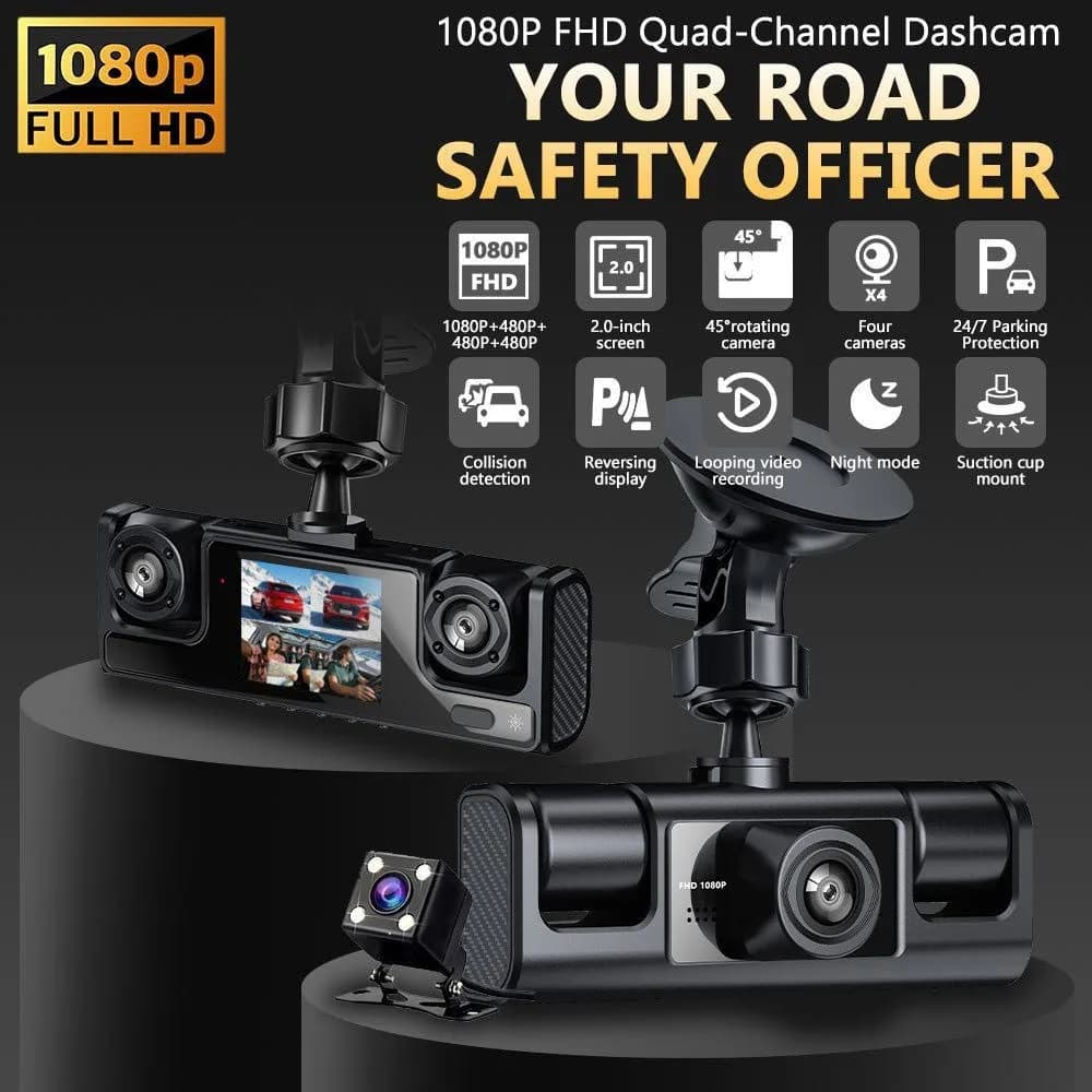 4 Channel 1080P Dash Cam 360° Full View Rotatable Lens Night Vision Loop Recording Collision Lock Reverse Display Car Cam