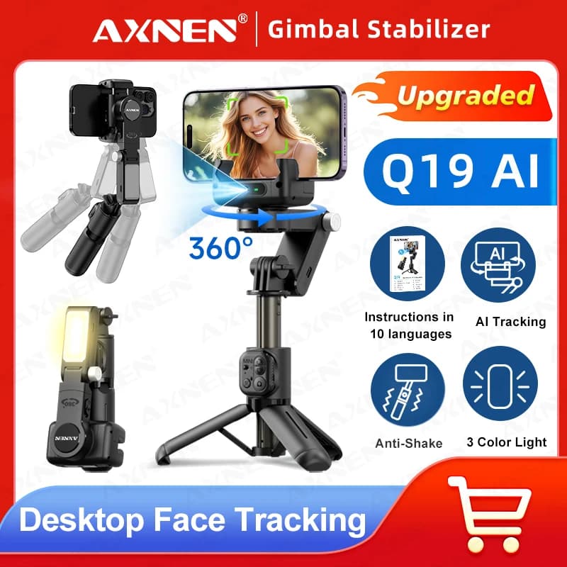 AXNEN Q19 AI Stabilizzatore cardanico da tavolo Rotazione a 360° Tracciamento automatico del viso Selfie portatile anti-vibrazione con luce di riempimento