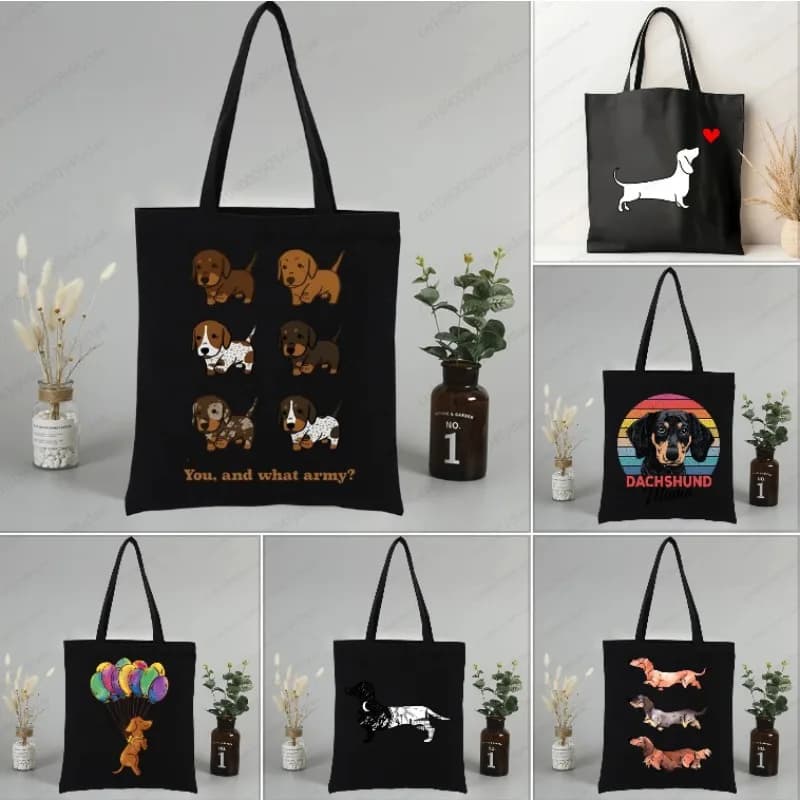 Low Teckel Cute Dog Canvas Tote Bag Printed Cartoon Reusable Fabric Bag Shopping Handbags Women's Handbags