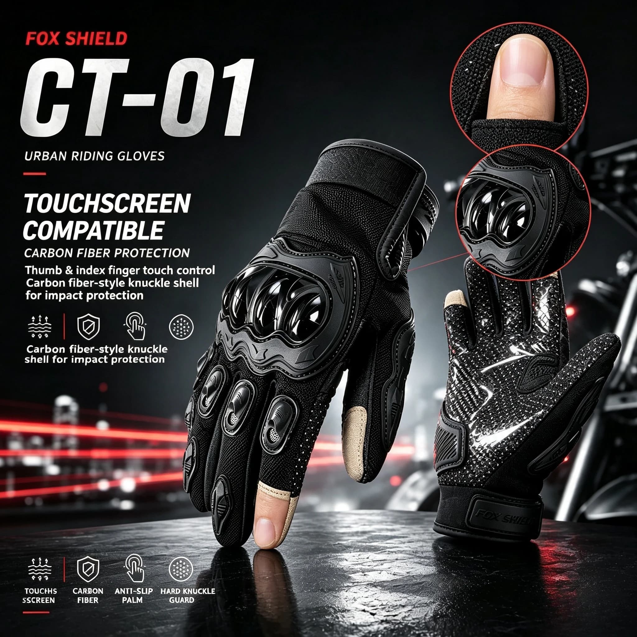 Carbon fiber motorcycle gloves, touchscreen full-finger breathable anti-slip riding gloves, unisex