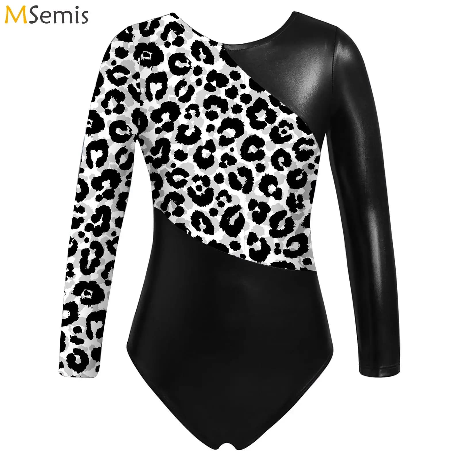 Body da ginnastica per bambina lucido Body da balletto Maglia a maniche lunghe Buco della serratura sul retro Tuta da pattinaggio su ghiaccio a contrasto metallico