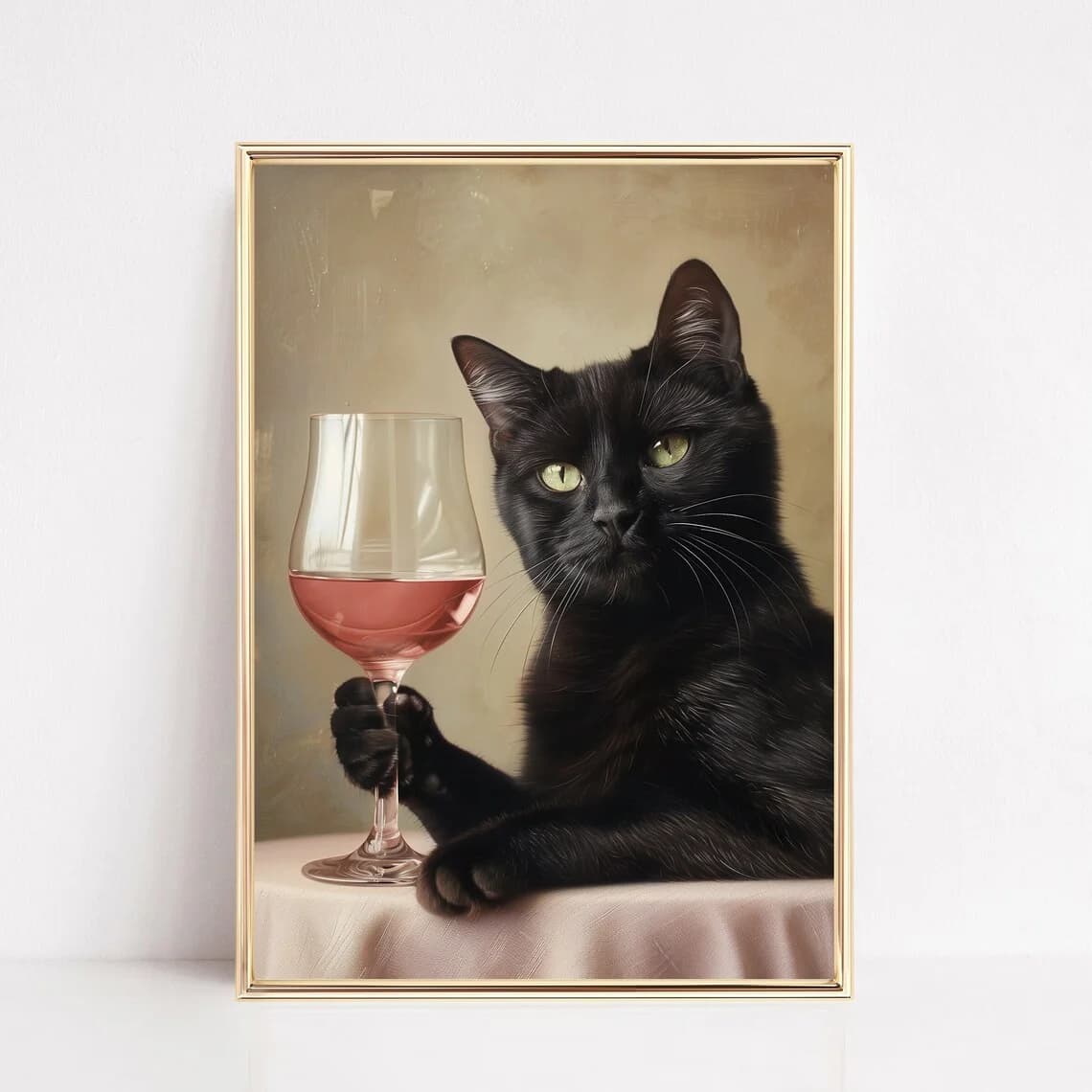 Gatto Nero con Bicchiere di Vino, Stampa Rosa, Poster Animale Stile Preppy, Quadro Moderno Boho, Decorazione Murale per Cameretta Ragazza, Stanza Adolescente, con Cornice