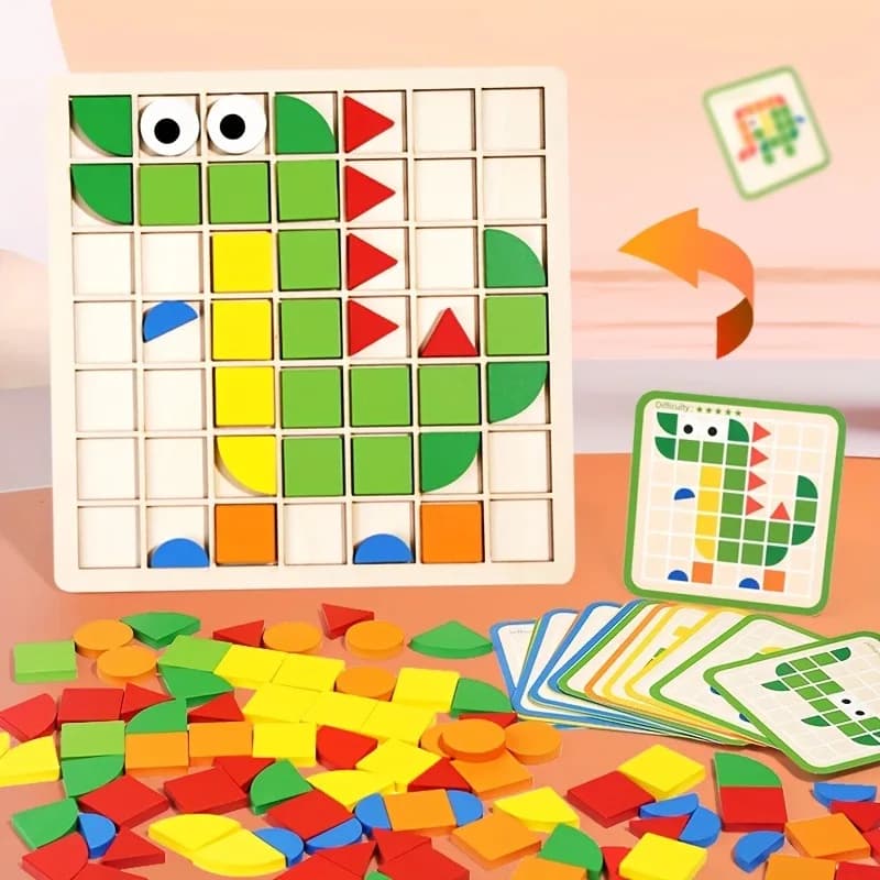 Blocchi puzzle in legno Modello di forma colorata Montessori Tangram Giocattoli educativi Blocchi geometrici educativi con carte per bambini