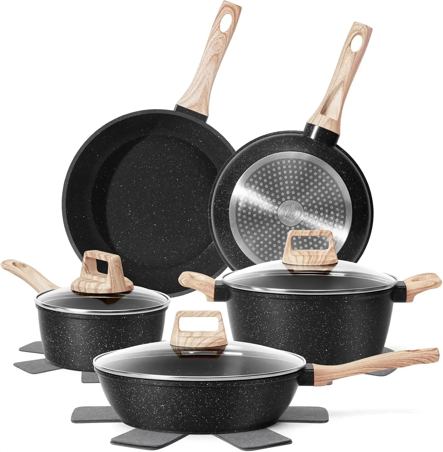 Set di 12 Pentole e Padelle Antiaderenti, Batteria da Cucina in Granito Nero per Induzione, Set da Cucina Sano Senza PFAS con Padelle e Casseruole