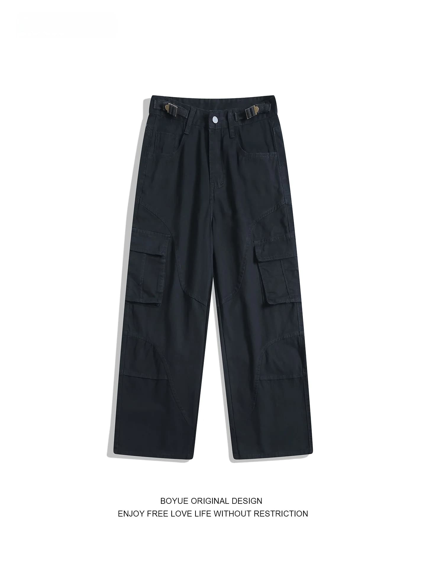 Boyue American Retro Distred Jeans Men's Multiple kets Loose Waist Belt Design Workwear Long Trousers Cotton Polyester ...