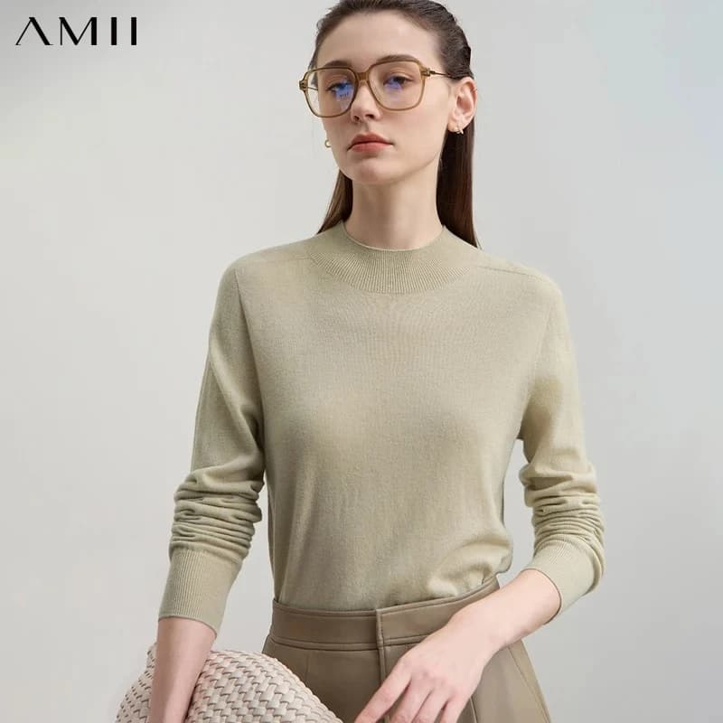 AMII Women's Sweater 2026 Autumn New Versatile Semi-turtleneck Tops Ladies Knitted Wool Basic Casual Pullover For Woman 12523162