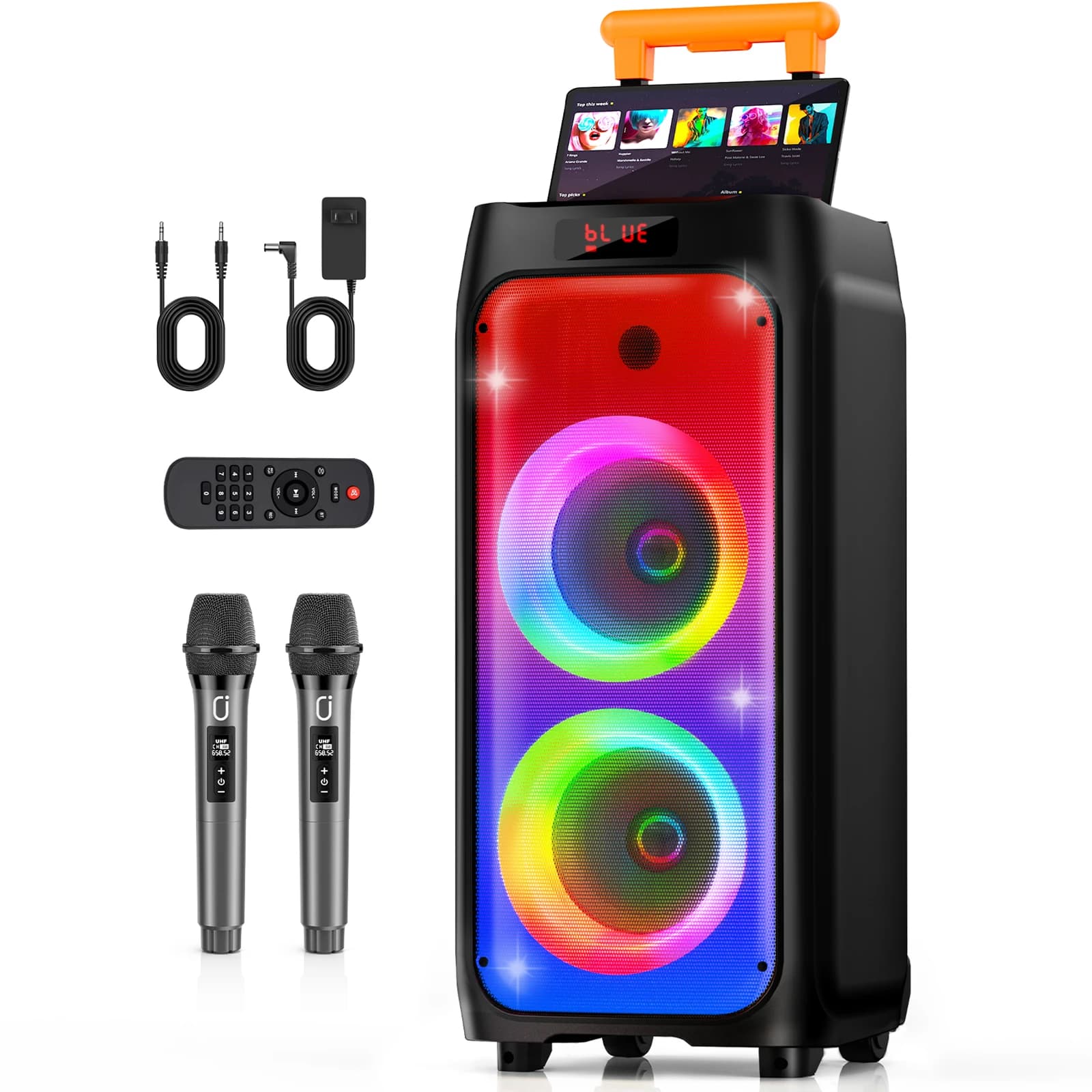 Macchina per karaoke T8, grande altoparlante per karaoke Bluetooth con potenza di picco da 500 W per adulti, sistema PA con ruote e carrello
