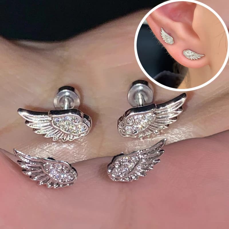 Creative Angel Wings Earrings Stud for Women Luxury Zircon Shiny Crystal Cross Silver Color Earrings Studs Fashion Jewelry Gifts