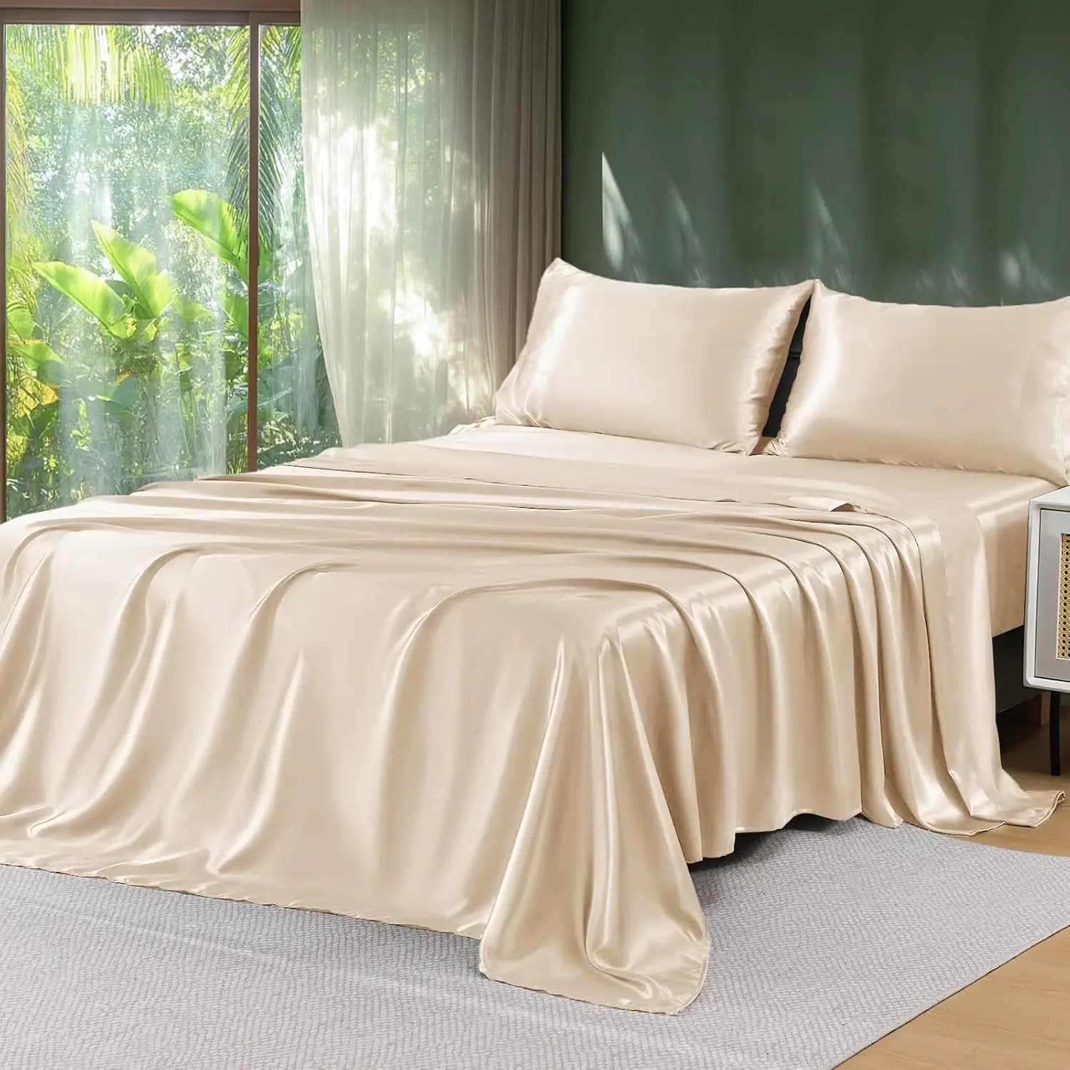 Set di Lenzuola in Raso di Lusso 4 Pezzi Misura Queen - Set Letto Morbido e Setoso con Tasche Profonde da 14 Pollici, Certificato Oeko-Tex