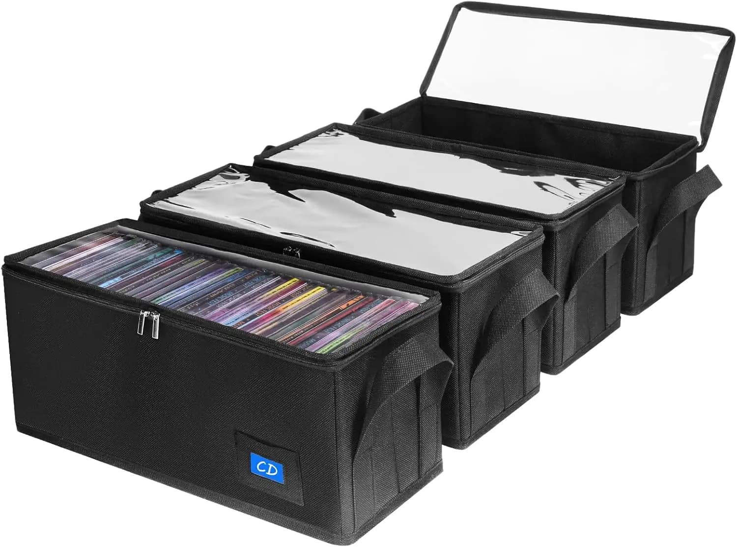 Confezione da 4 custodie nere per CD con maniglie, coperchio trasparente e scomparti per etichette per la conservazione portatile dei contenuti multimediali