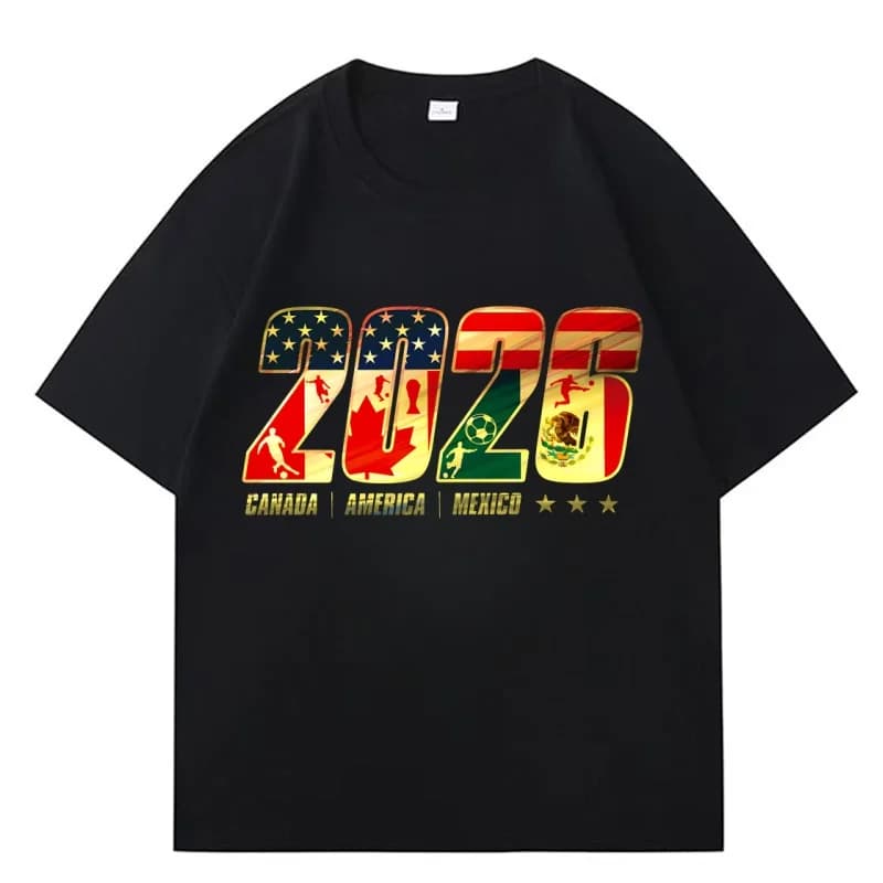 T-shirt a maniche corte stampata 2026 Football American Canada Mexico, da uomo e donna, estiva, casual, in cotone traspirante, per tifosi, idea regalo