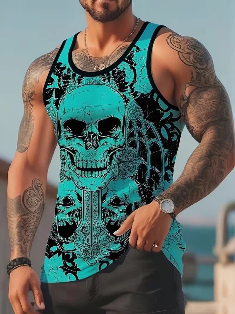Canotta da uomo con stampa 3D teschio gotico, estiva, senza maniche, per fitness, streetwear, casual, allenamento, taglie forti per la palestra