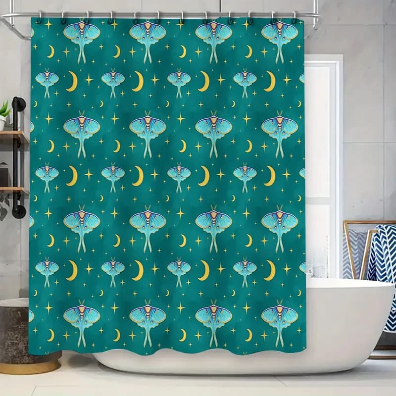 Tenda da doccia Moon Moth Natura Foresta Sfondo Teal Blue Appeso a parete Arazzo Decorazioni per la casa Decorazioni per il bagno Motivo artistico