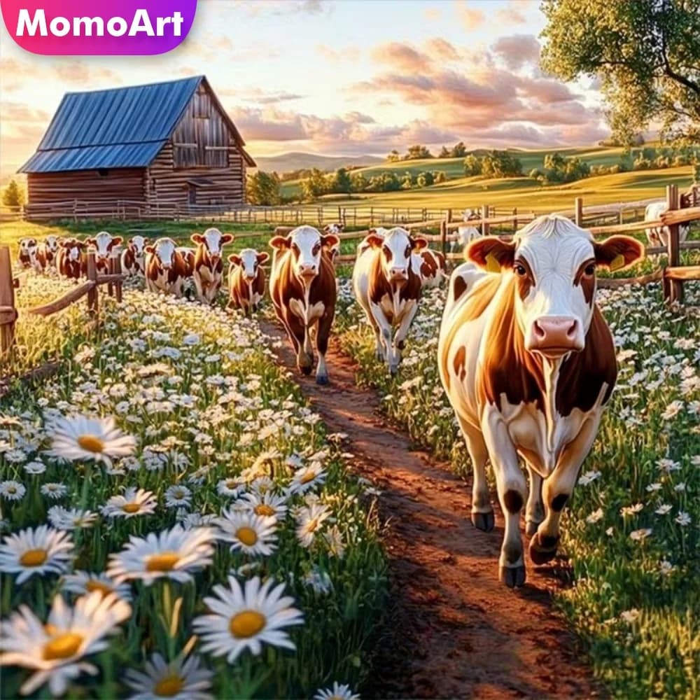 Momoart Kit Fai da Te per Pittura Diamantata con Strass, Ricamo Diamantato, Immagine Animale Bovino e Fiore Margherita, Mosaico Artigianale, Regalo Fatto a Mano