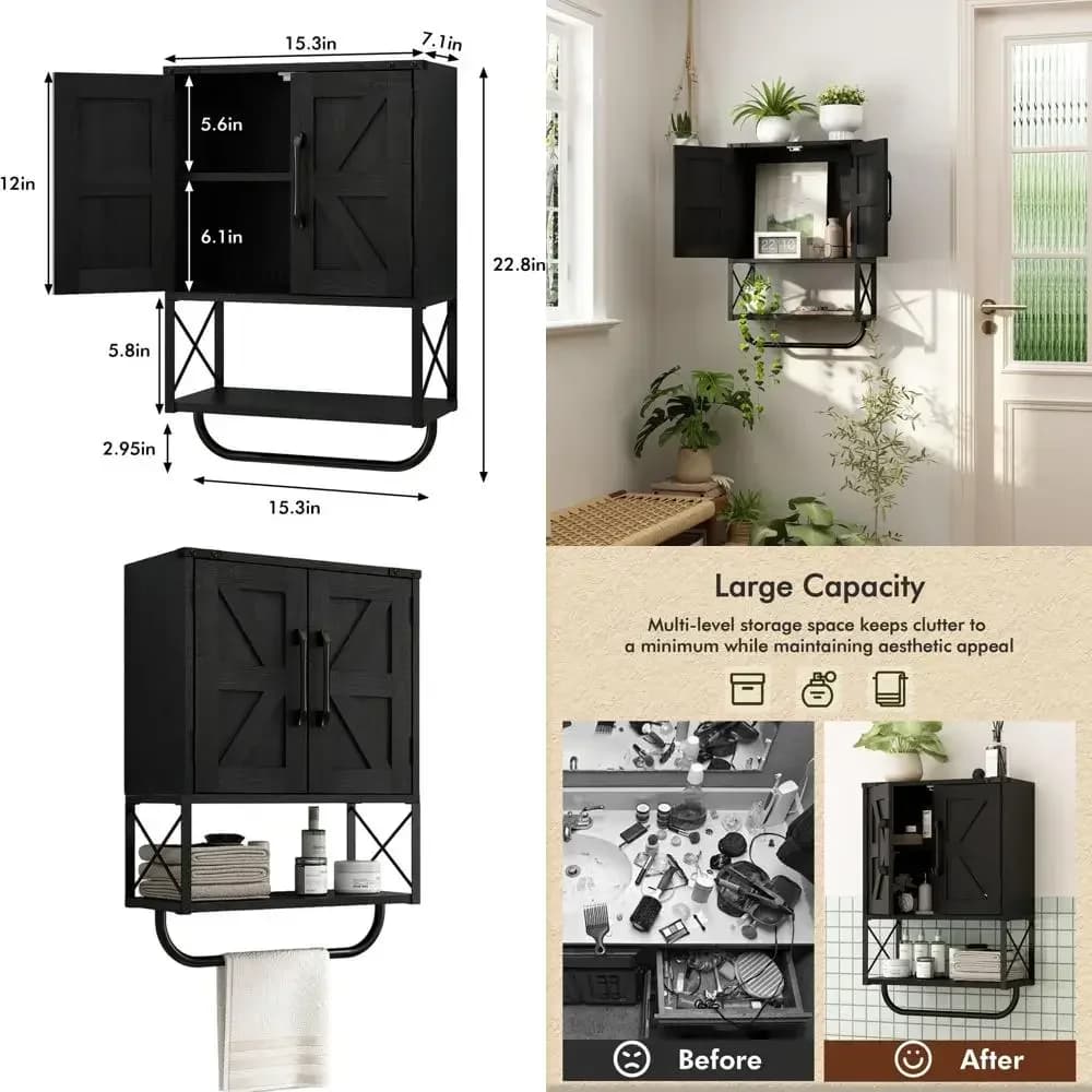 Armadietto Rustico in Legno Stile Fienile con Ripiani Regolabili e Portasciugamani per Bagno o Soggiorno, Nero
