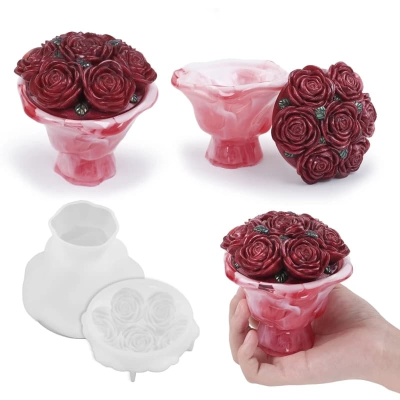 3D Rose Bouquet Box Silicone Mold Flower Shape Jar with Lid Epoxy Resin Silicone Molds For DIY Wedding Valentine Crafts
