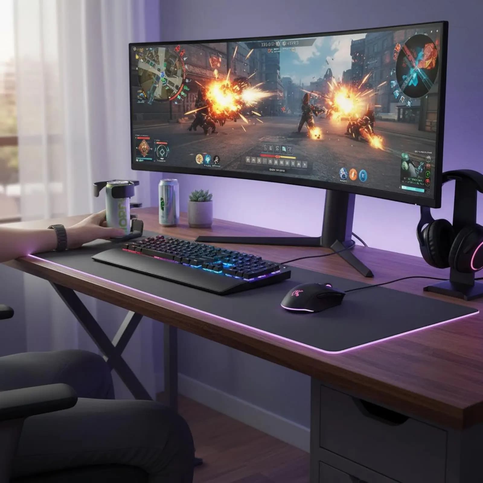 Supporto 2-in-1 per Cuffie e Bevande, Supporto per Cuffie da Gaming Senza Viti con Morsetto Portabevande, Nessuna Foratura Richiesta