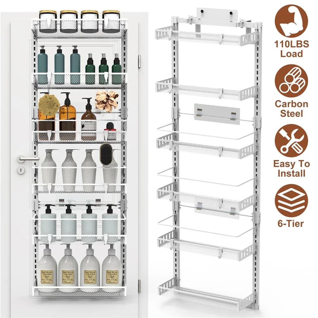 Organizzatore per dispensa a 6 livelli sopra la porta, grande portaspezie con porta in metallo, mensola portaoggetti per porta dispensa resistente sospesa, carico di 10 libbre