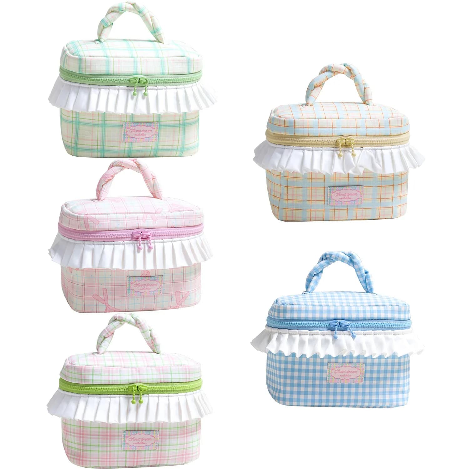Make-up bag with niche design braided handle in Korean style with plissette lace bag of large capacity, Scottish color block wash bag.