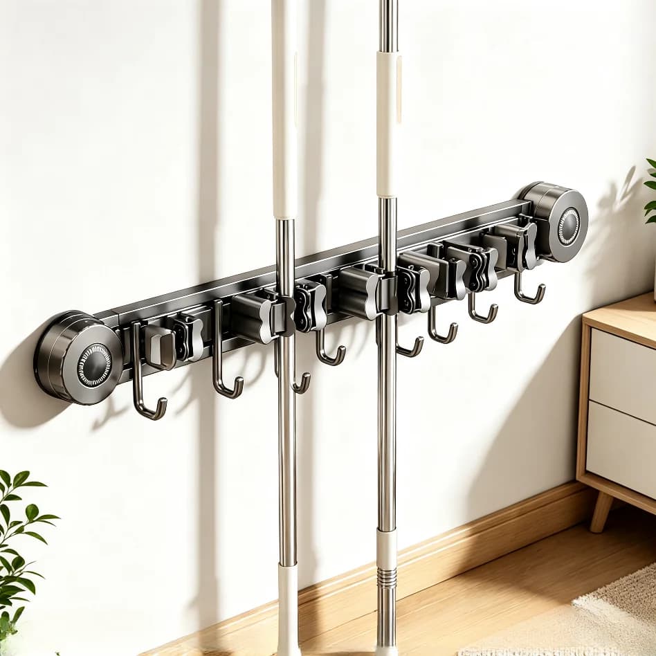 No Drill Wall Hanging Hook Suction Cup Mop Rack Mop Clamp Bathroom Broom Cleaning Tool Organizer