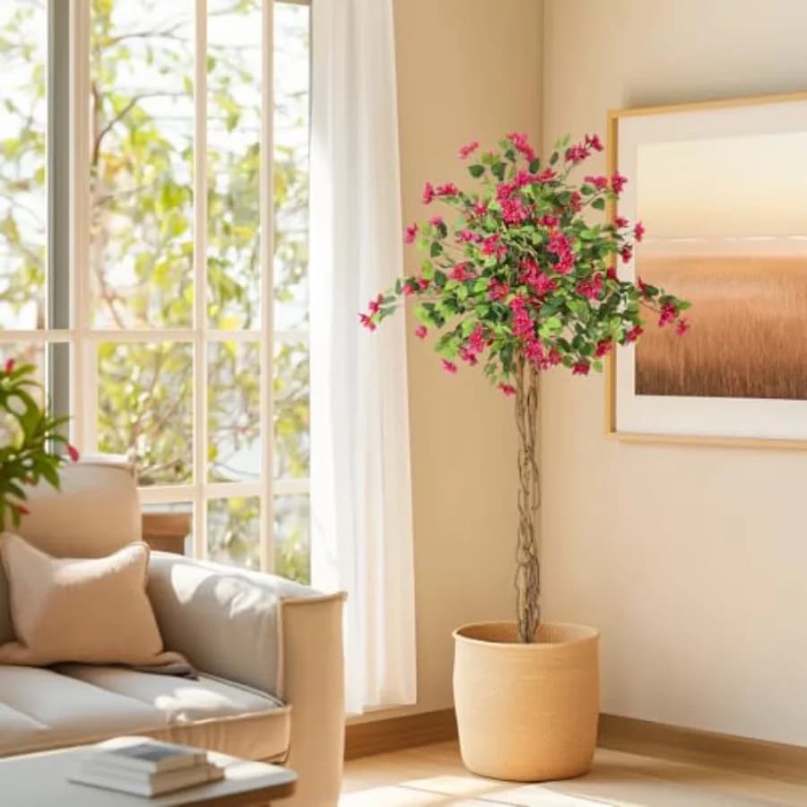 Albero di Bouganvillea Artificiale di 1,5 Metri, Piante Artificiali in Vaso per Interni, Albero Finto con Tronco in Legno e Fiori Rosa per Esterni