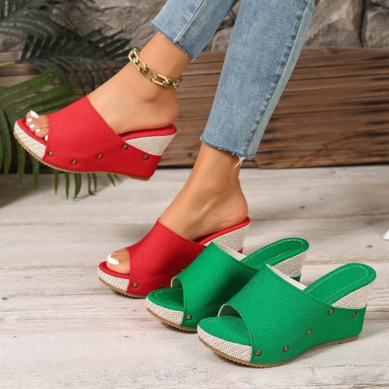 2026 Summer New Women Slippers Espadrille Wedge Slides Women Open Toe Platform Casual Slip-On Beach Shoes with Rivet Decor