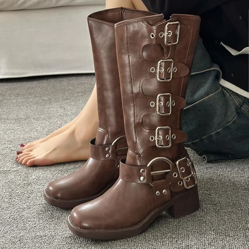 Metal Buckle Square Toe Knee High Boots Women Black PU Leather Punk Long Boots Woman Autumn 2025 Chunky Heels Motorcycle Booties