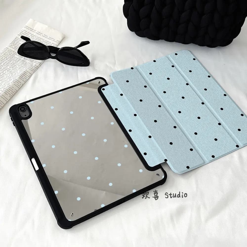 Custodia coreana nera a pois con specchio e bordo nero per iPad Pro 11 13 Air 7 10 9 Mini 6, cover a tre ante con slot per matita