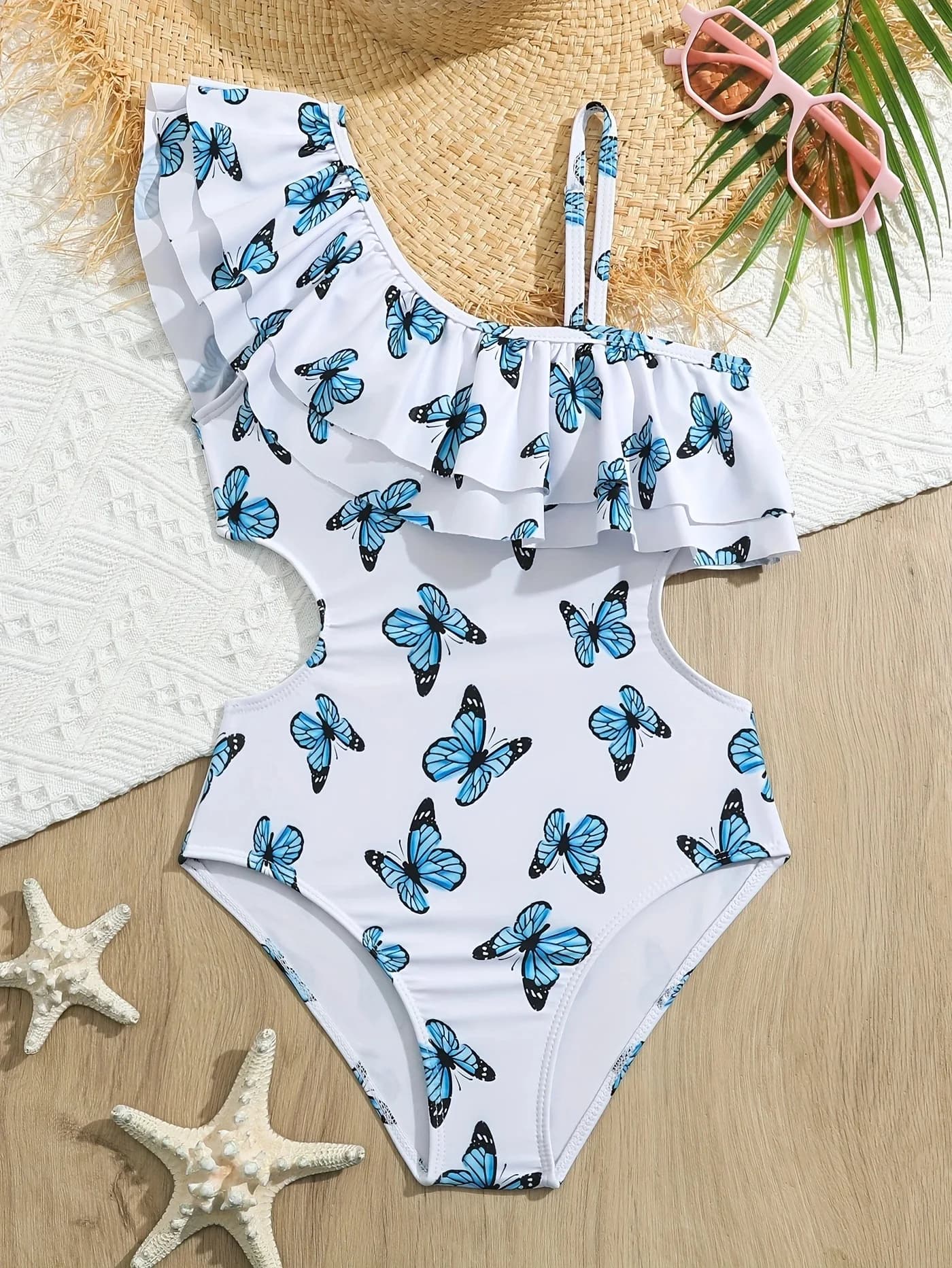 Full Swimsuit Girl with Baby Butterfly Single Shoulder Swimwear Children's Swimwear with Volant 8-12 Years Beach-cut swimsuit
