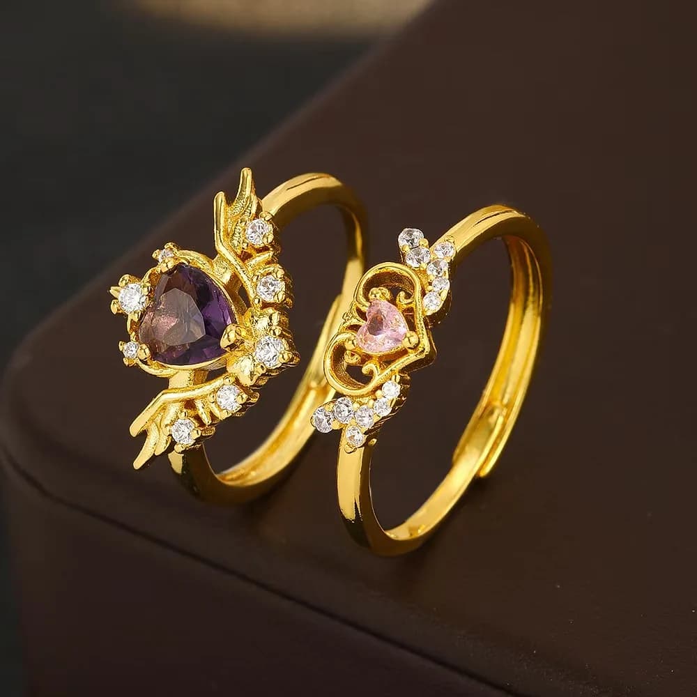 Sweet Sand Gold Diamond Zircon Ring, Pink Heart Angel Wing Finger Ring, Niche Light Luxury.