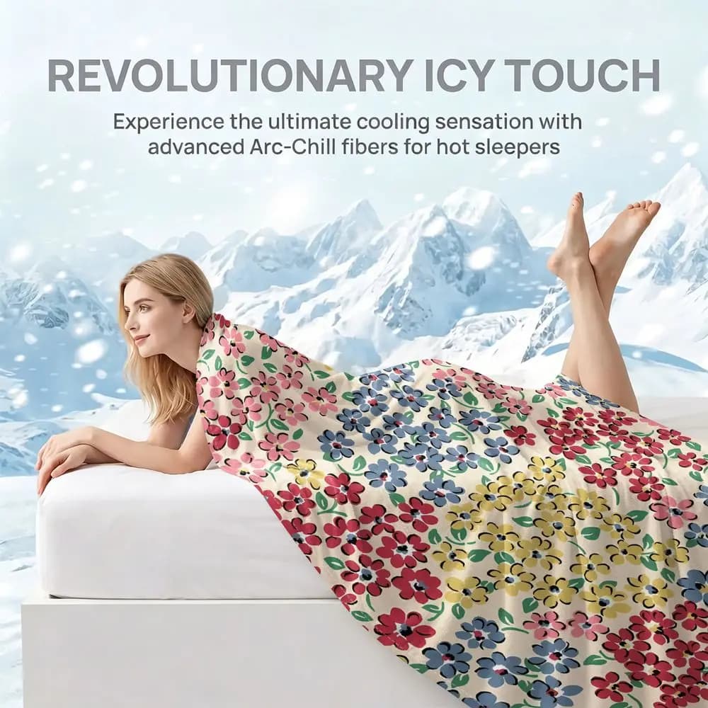 Cooling Blanket Bed Sheet Set Floral Print Summer Cooling Throw QMAX 0.4 Ice Touch Breathable Moisture Wicking Bedding Decor