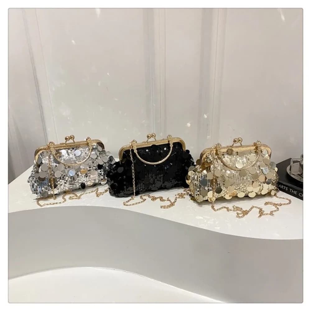 Casual Sequined Shoulder Bag Solid Color Clip Chain Crossbody Bag Shell Handbags Purse Evening Events