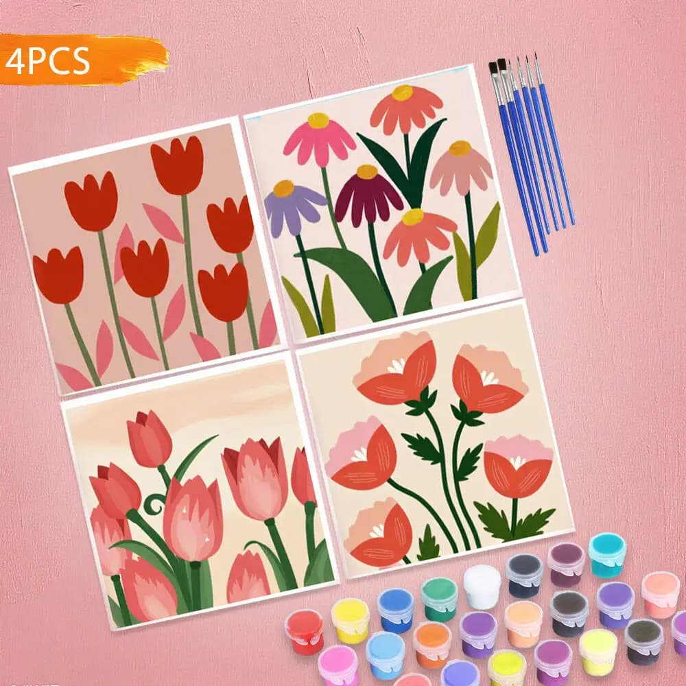 HUACAN 4PCS Tulip Flowers Pattern DIY Adult Digital Oil Painting By Number Easy Oil Acrylic Paint By Numbers Art Home Wall Decor