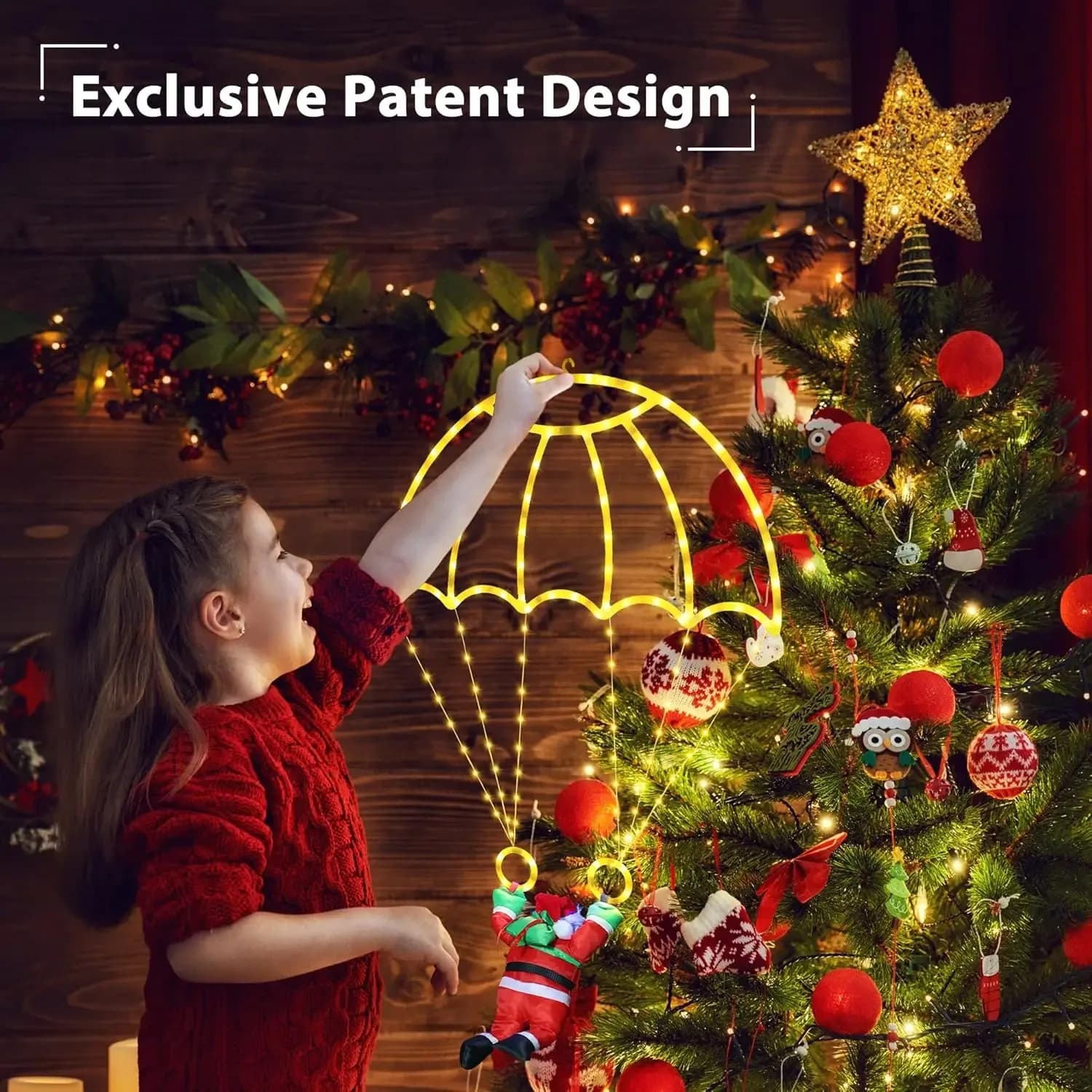 Hanging Santa Parachute Christmas Lights USB Powered Warm Fairy Canopy With Figure For Window Eaves Garden And Yard Decor