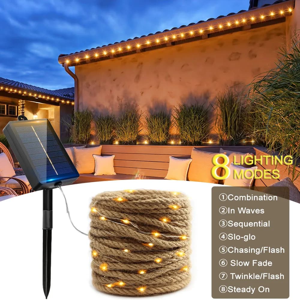 Solar Energy Hemp Cord Lights 8 Modes 100-200 LED Waterproof Fairy Garland Light Outdoor patio light for garden furniture