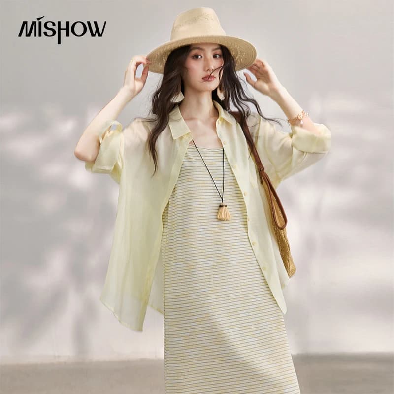 MISHOW Women's Casual Shirt Stripe Dress Sets 2026 Summer Light Yellow Lapel Shirt Strap Dress Commuter Two Piece Set MXF29T1724