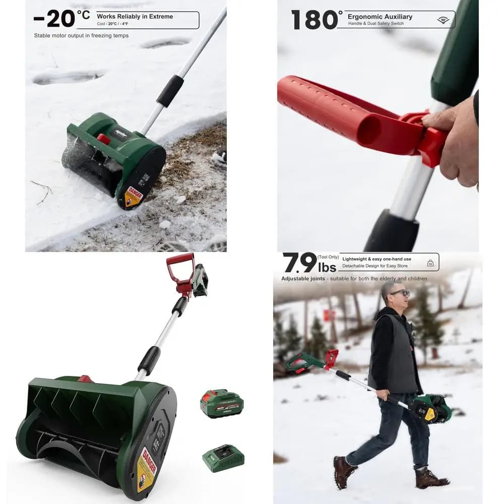 12 Spazzaneve a batteria con batteria da 18 V, 4,0 Ah, caricabatterie, scivolo regolabile, leggero e resistente alle intemperie