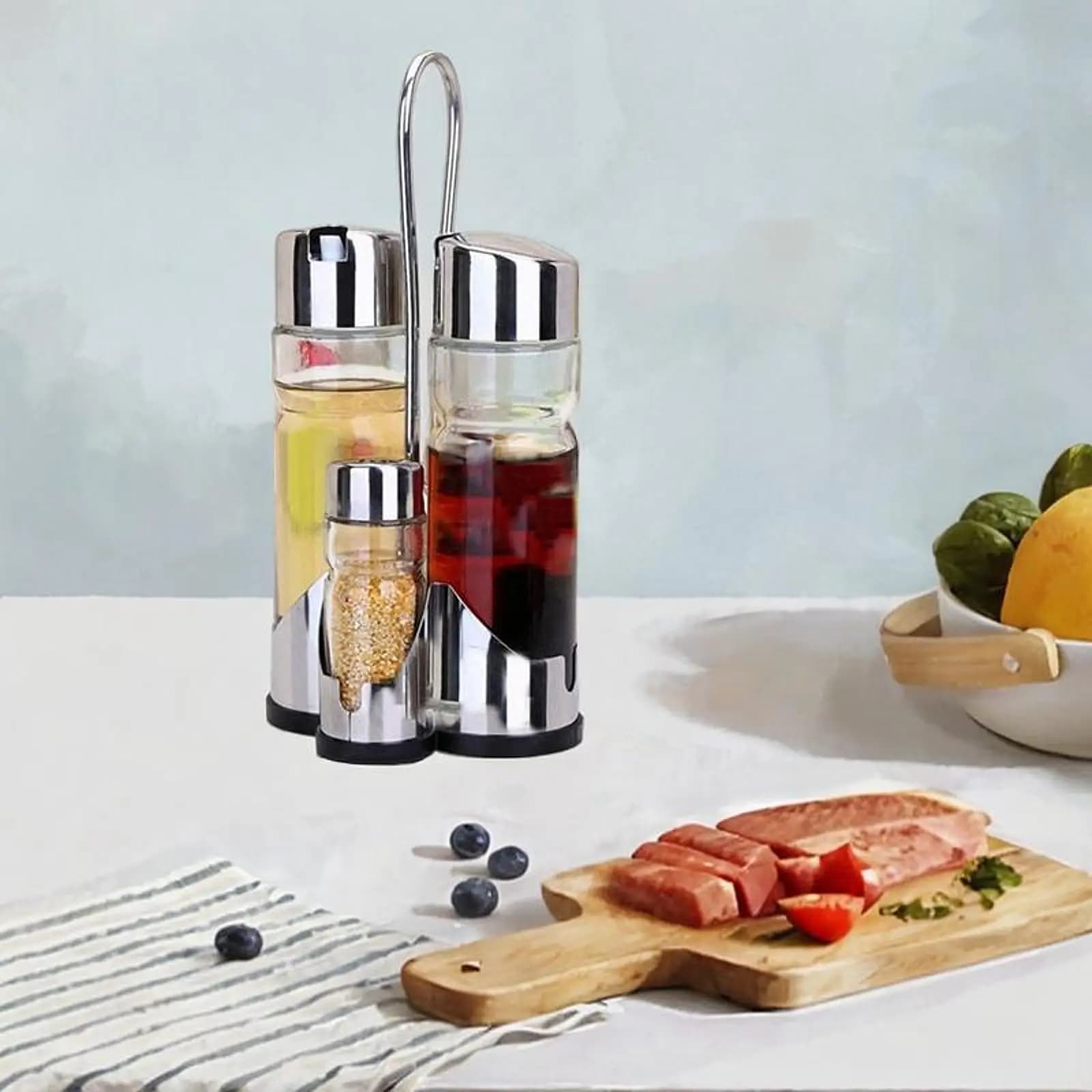 Set di olio e aceto Trasparente da cucina Multifunzionale Barattolo di sale Barattolo di condimenti Barattoli di spezie in vetro Porta ampolla Set di ampolle di aceto