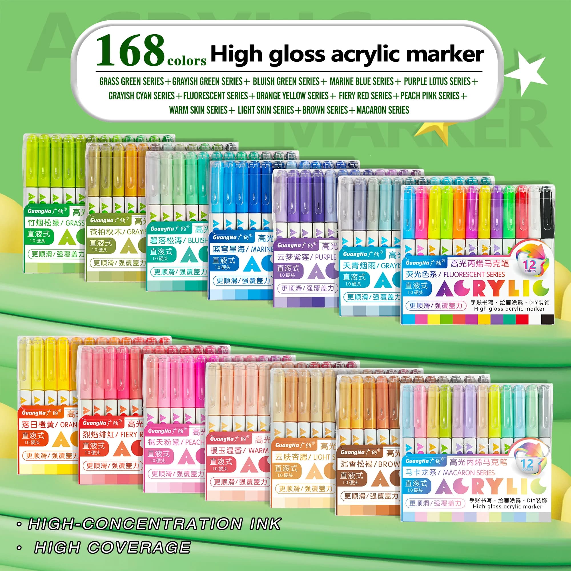168/12 colori Pennarelli acrilici lucidi Set Penne acriliche premium per legno, ceramica, artigianato fai-da-te Creazione di materiali artistici Disegno