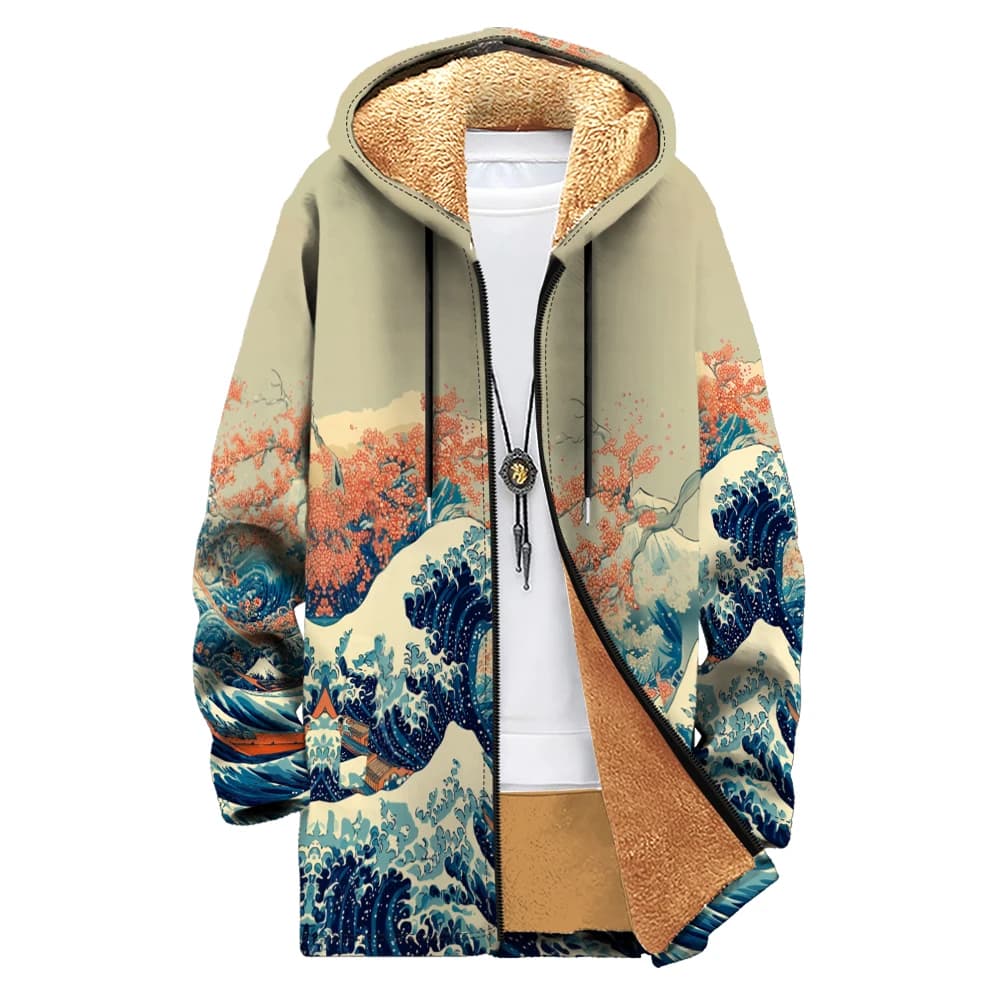 Ocean Wave Art Printed Men Cardigan Coats Mount Fuji Fleece Plush Thick Japanese Fashion Jacket Warm Outerwear Oversize Clothing