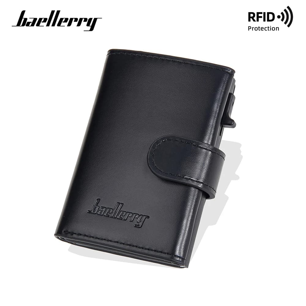 Baellerry Porta carte da uomo in alluminio con pulsante scorrevole pop-up automatico, portafoglio in metallo con blocco RFID antigraffio