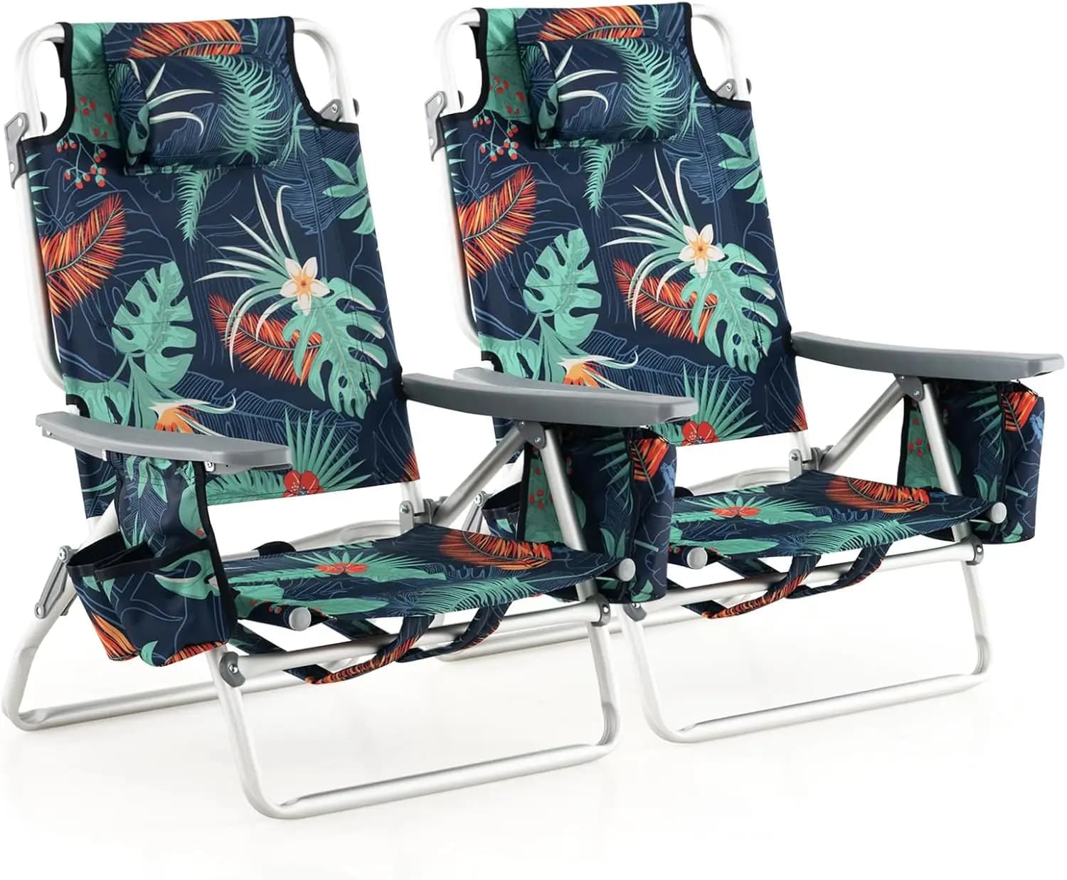 Beach Chairs, 2-Pack Backpack Camping Chair with Armrest, Cooler Bag, Cup Holder, Towel Bar & Side Pockets, Sunbath Sling Tannin