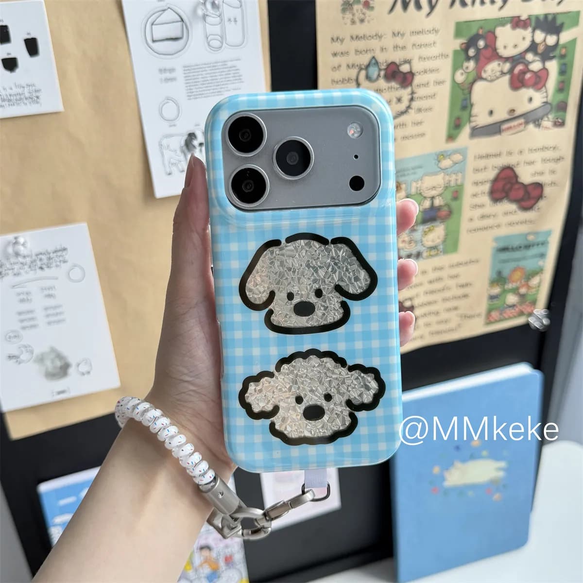 Korean Ins Cute Blue Checkered Silver Puppy Shining Phone Case For iPhone 17Air 16 15 14 13 12 11 ProMax Plus Y2K Advanced Cover