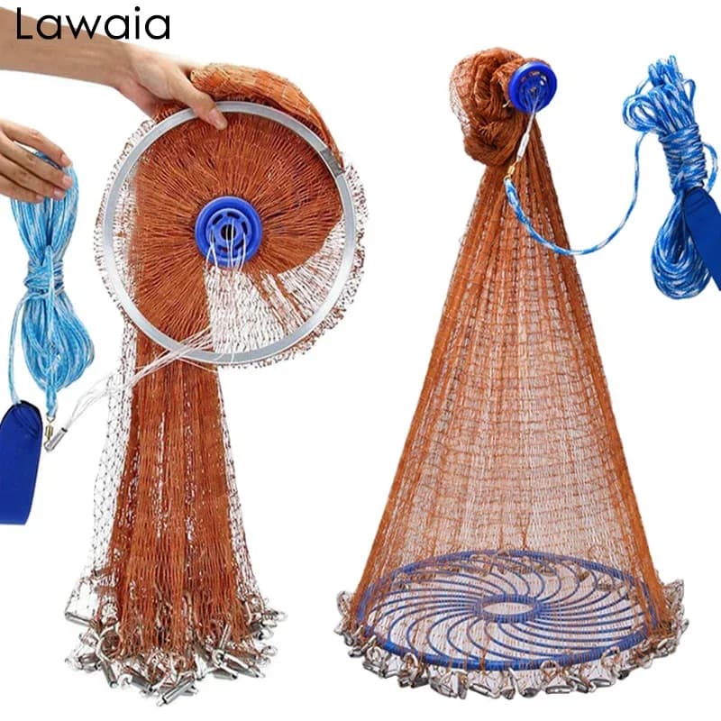 Rete da Lancio Lawaia Stile Americano con Cavo Intrecciato Resistente, Rete da Pesca a Lancio Manuale con Anello in Alluminio o Anello Blu