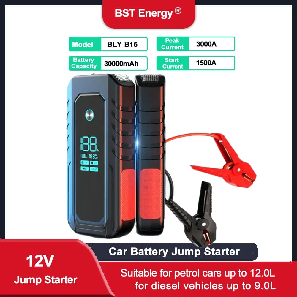 Avviatore portatile per auto 3000A Peak 2000A 1600A 1000A 12V con luci USB PD140W - Potente pacco batteria per avviamento veicolo