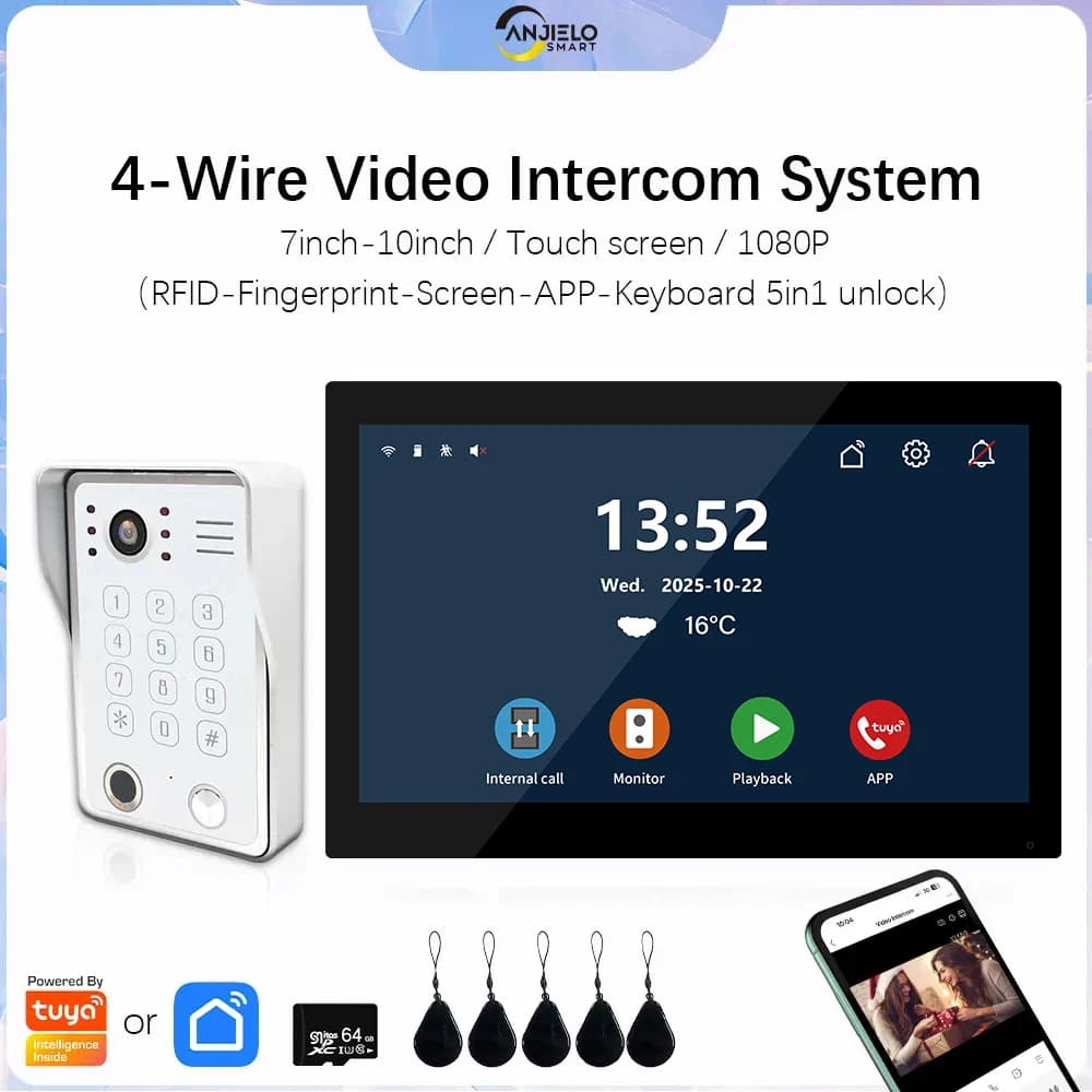ANJIELO Videocitofono 5 in 1 da 10 pollici con sblocco, sistema intercomunicante domestico, monitor touch Wi-Fi 1080P, campanello interfono Tuya Smart