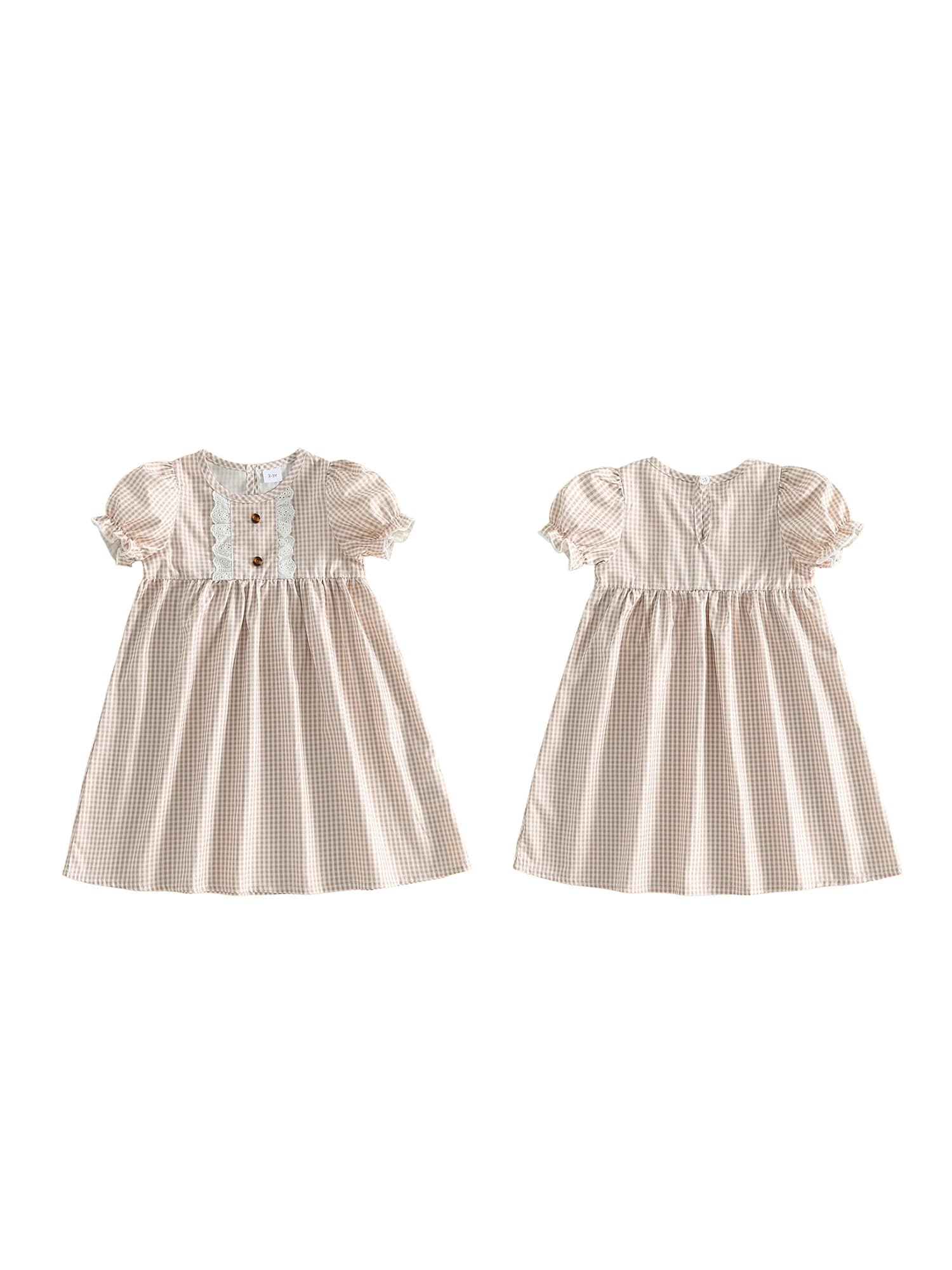 Adorabile vestito a quadri per bambina con finiture in pizzo e maniche a sbuffo, perfetto per eventi estivi e primaverili - Un modello a trapezio indispensabile