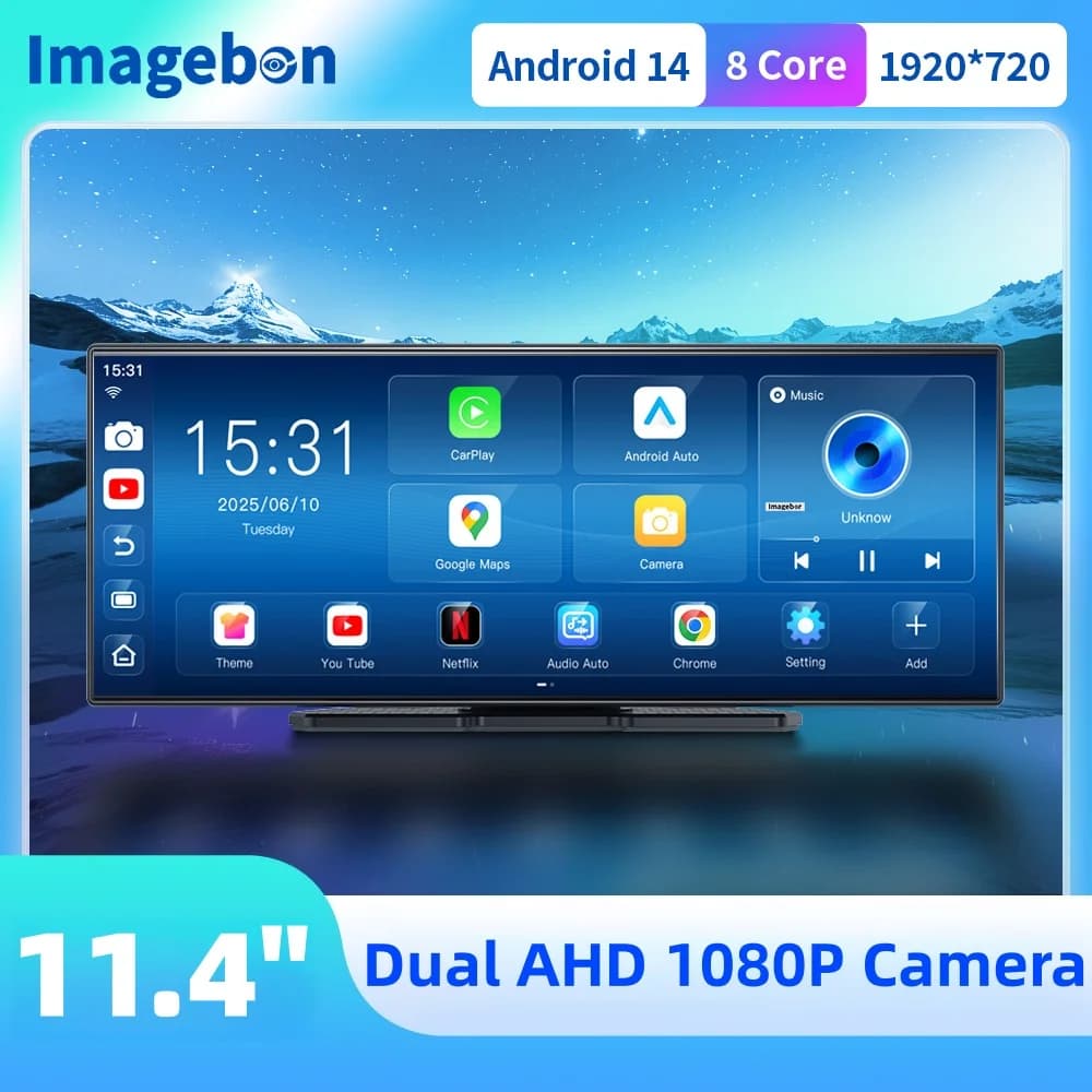 Imagebon 11.4" Android System Dual WiFi Wireless CarPlay & Android Auto Dash Cam Smart Split-Screen Google Play Car DVR